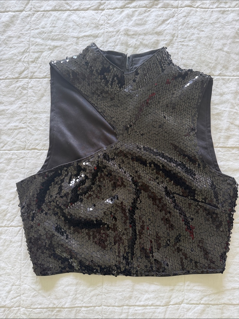 Sleeveless Black Sequin Crop Top - High Neck
